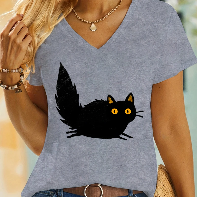 Yellow Eyed Fluffy Black Cat Trending Woman T-shirts Cat Mom Fashion Casual T-shirt Cute Animals Cartoon Design V-neck T Shirts