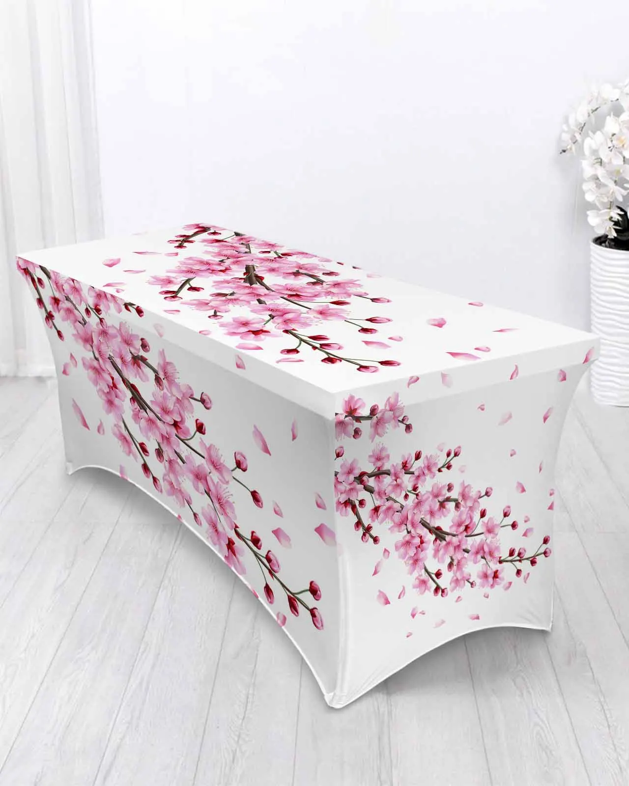 Spring Cherry Blossom Branch Pink Flower Rectangular Elastic Table Skirt Wedding Table Cover Kitchen Dining Table Tablecloth