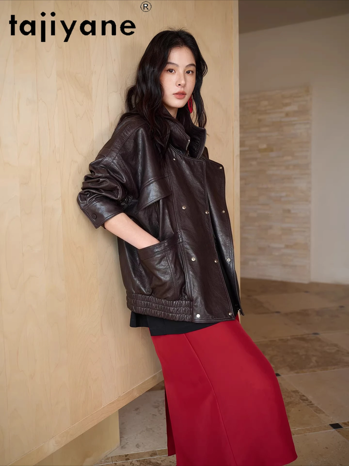 TAJIYANE Genuino Pelle di Capra Giubbotti di Pelle Delle Donne Del Collare Del Basamento Cappotto Vintage Giacca di Pelle Reale 2025 Autunno Donna Vestiti дубл onderка