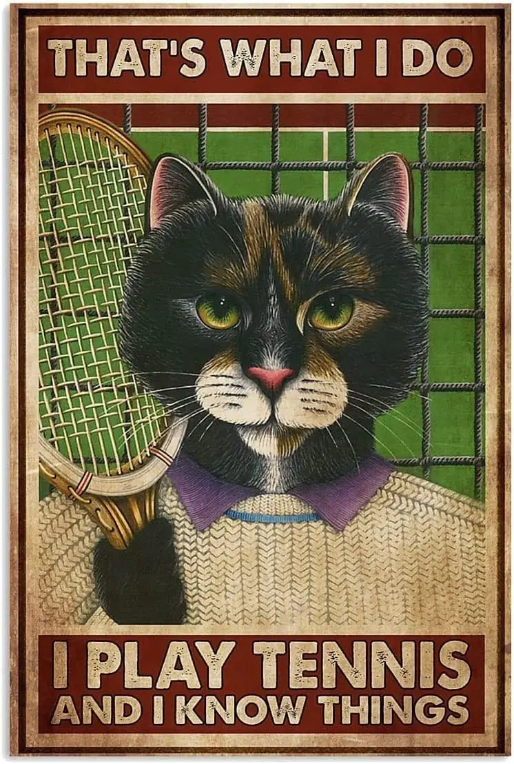 Panneau en métal vintage 'Chat jouant au tennis sait des choses', en étain ou en aluminium, pour décoration de cuisine, maison, jardin, mur, bar, café 8