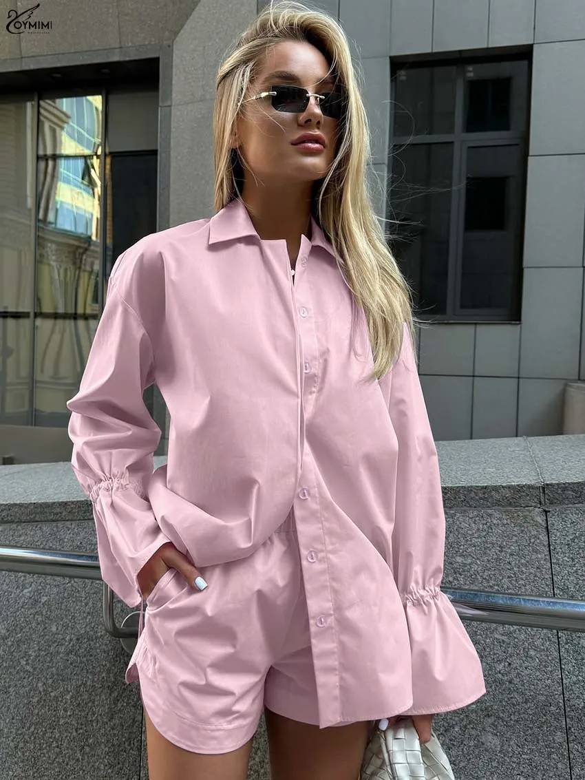 

Элегантные розовые хлопковые комплекты из двух предметов Oymimi, женские модные рубашки с длинными рукавами и шнуровкой на пуговицах, комплекты с шортами с карманами на высокой талии
