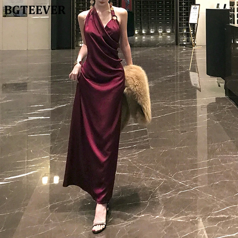 BGTEEVER, moda de verano, cintura delgada, paquete sin espalda, vestido de satén a la cadera para mujer, elegante vestido de fiesta sin mangas con cuello Halter