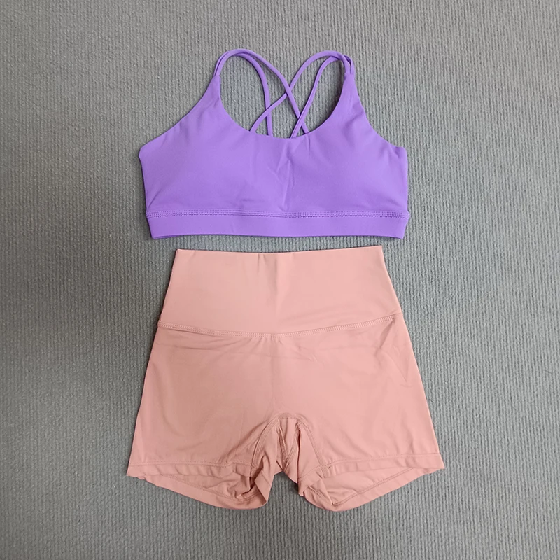 

Yoga 2 Piece Set Gym Sport Tender pink Shorts Combination 5 Kinds Purple Backless Bra Breathable Soft Fabric Tight Fitting