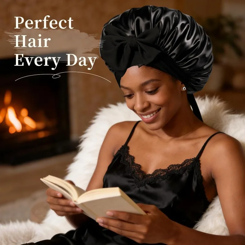 For Women Night Shower Cap Adjustable Hair Head Cover Bonnet Turban 36cm Satin Solid Sleeping Hat with Stretchy Tie Band Elastic