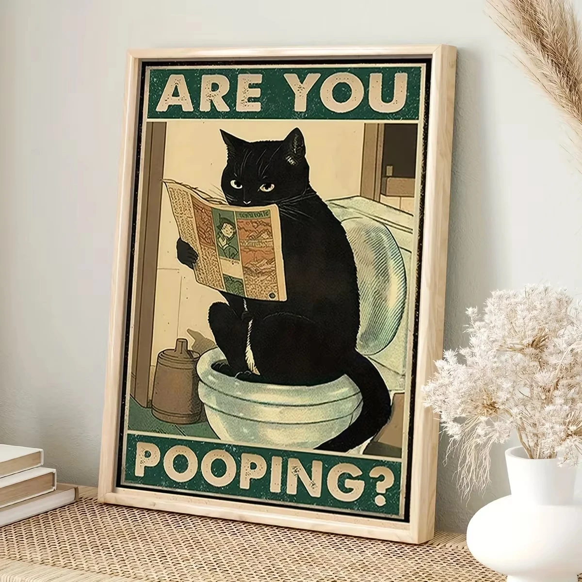Art quote you are pooping black cat kitten reading newspaper in toilet funny animal Oil Painting retro art living room decor