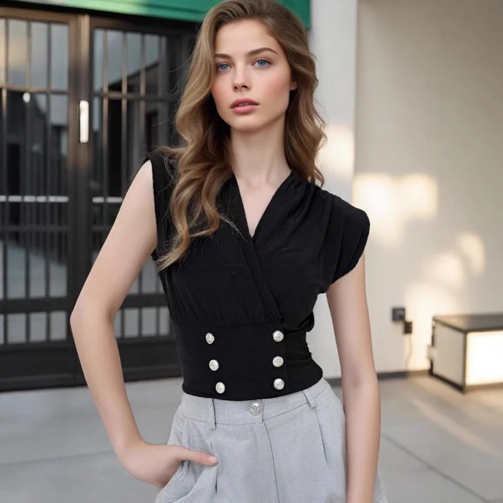 

Ladies Black V-Neck Sleeveless Crop Top Double Breasted Pearl Button Blouse For Work Party Daily Wear