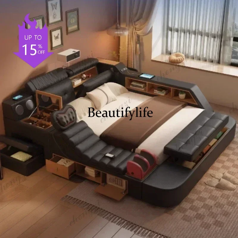 07 Black King Size Frame Double Bed With Drawers Storage Multifunction Massage Bed Storage Modern For Camas De Dormitorio