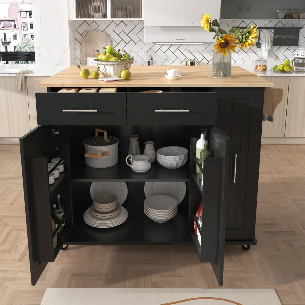 Kitchen Island with Drop Leaf Kitchen Storage Cart with 3 Tier Pull Out Cabinet Organizer Bar Cart Wheels Kitchen Black Trolleys