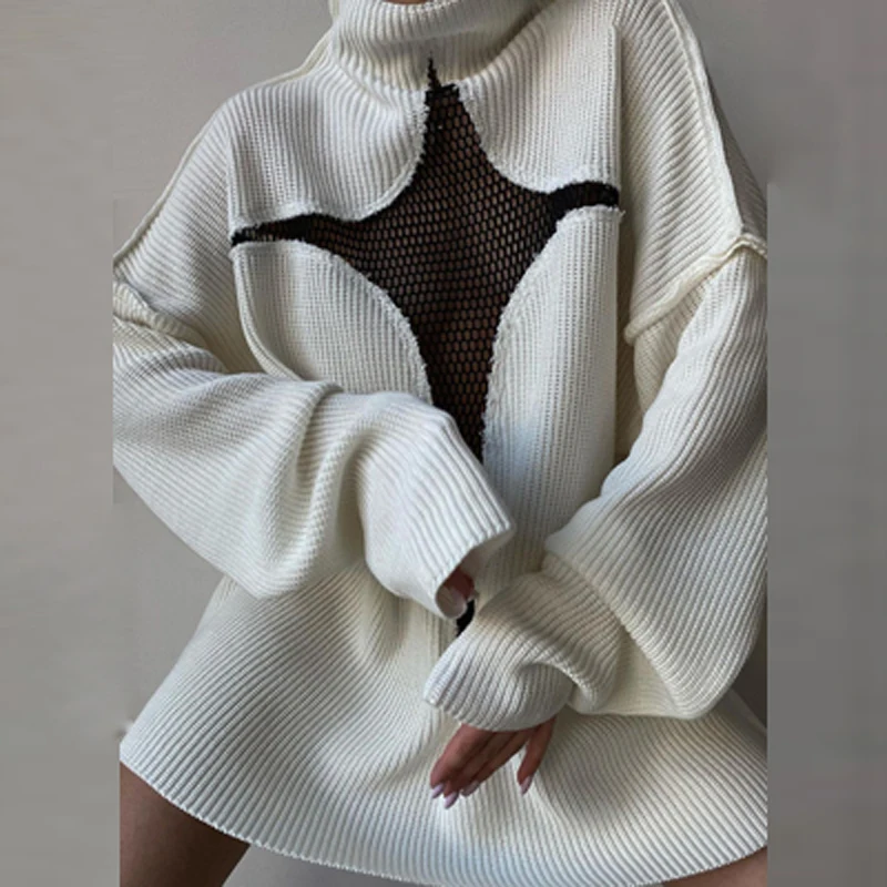 Sexy See-through Mesh Hollow Out Sweater Women High Neck Ribbed Knitting Sweater Autumn Winter Loose Long Tops Pullover Harajuku