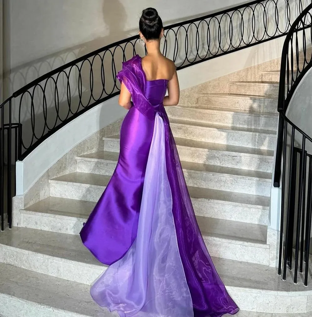 ชุดราตรีสีม่วงวินเทจแบบเป็นทางการ ไหล่เดียว ประดับดอกไม้ 3 มิติ ผ้าออร์แกนซ่า ทรงเมอร์เมด สำหรับงานพรอม งานประกวด งานเลี้ยง ชุดราตรีแบบอาหรับ