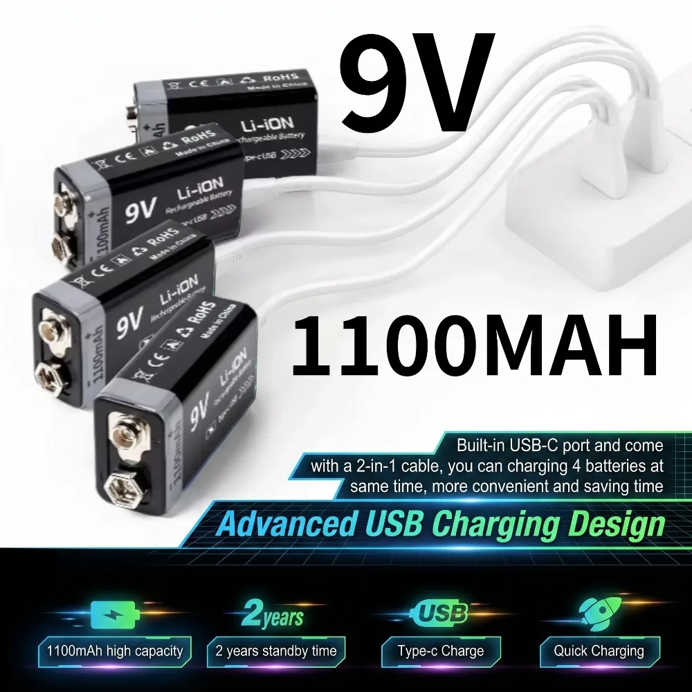 1100mAh 9V Rechargeable Lithium Battery, Li-ion 9 Volt Battery with USB-Cable for Multimeter AlarmClock