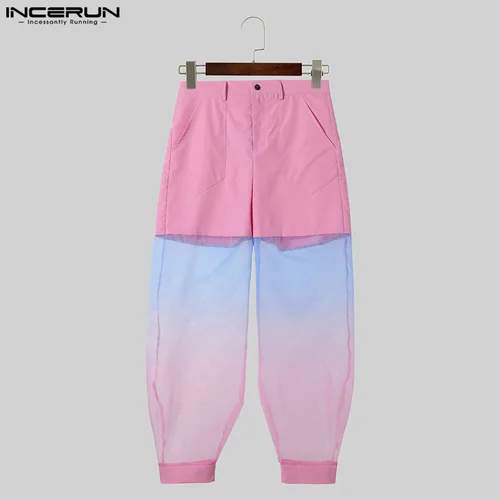 Imagen 2 del producto INCERUN 2024 pantalones de estilo americano para hombre, pantalones falsos de dos piezas teñidos con lazo, ropa informal para discoteca, pantalones con personalidad masculina S-5XL