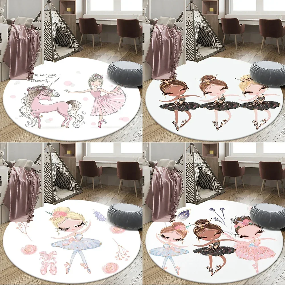 Ballerina Bedroom Carpet Cute Cartoon White Girl Room Round Carpet Home Decoration Non-Slip Floor Mat