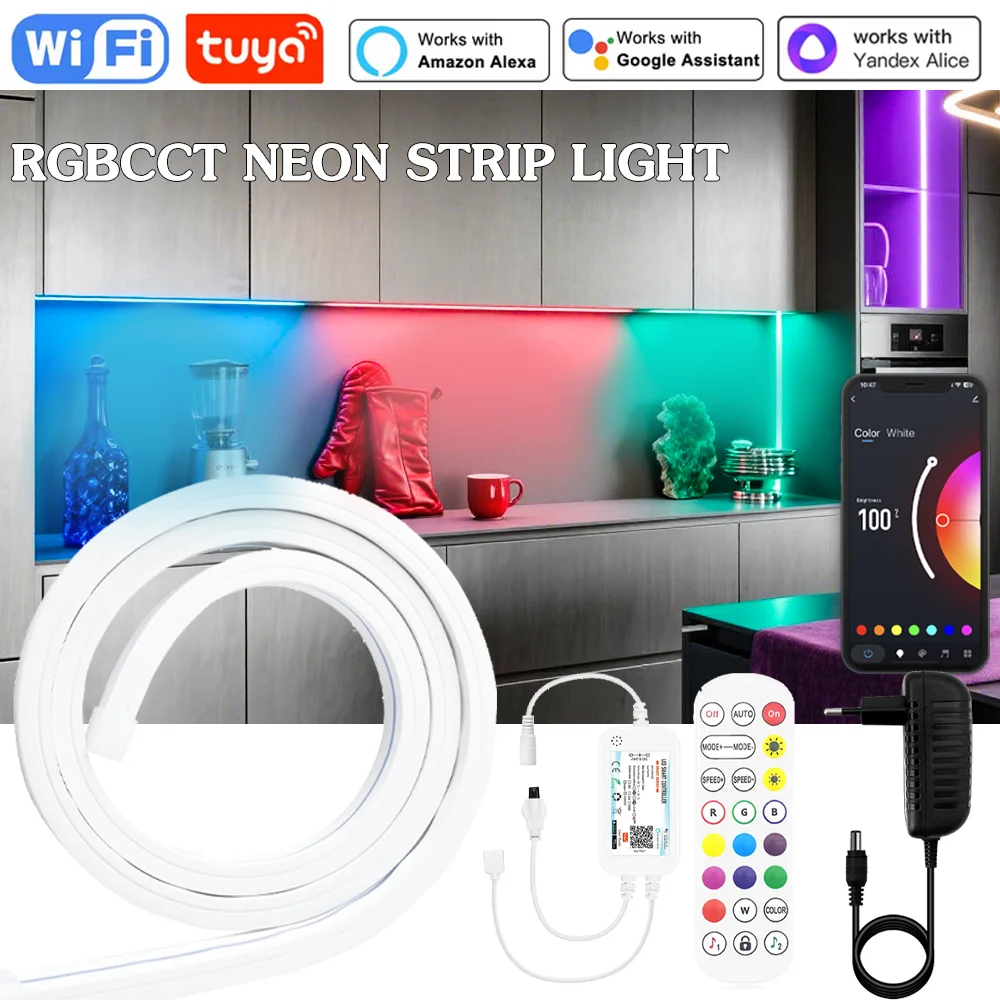 

DC24V 1M RGBCCT Neon Strip Light IP65 Waterproof Soft Strip Light Tuya Wifi LED Light Strip Controller APP+IR Remote Control Goo