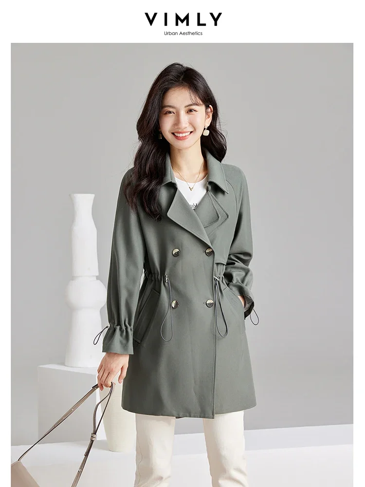 Vimly Korean Style Trench Coats for Woman 2023 Autumn Fashion Outerwear Classic Lapel Drawstring Slim Long Sleeve Overcoat M2902