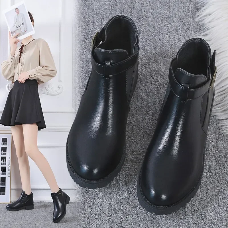 

Snow boots Rivet heels PU Leather women winter boots warm fur plush Insole ankle boots women shoes Buckle Strap shoes