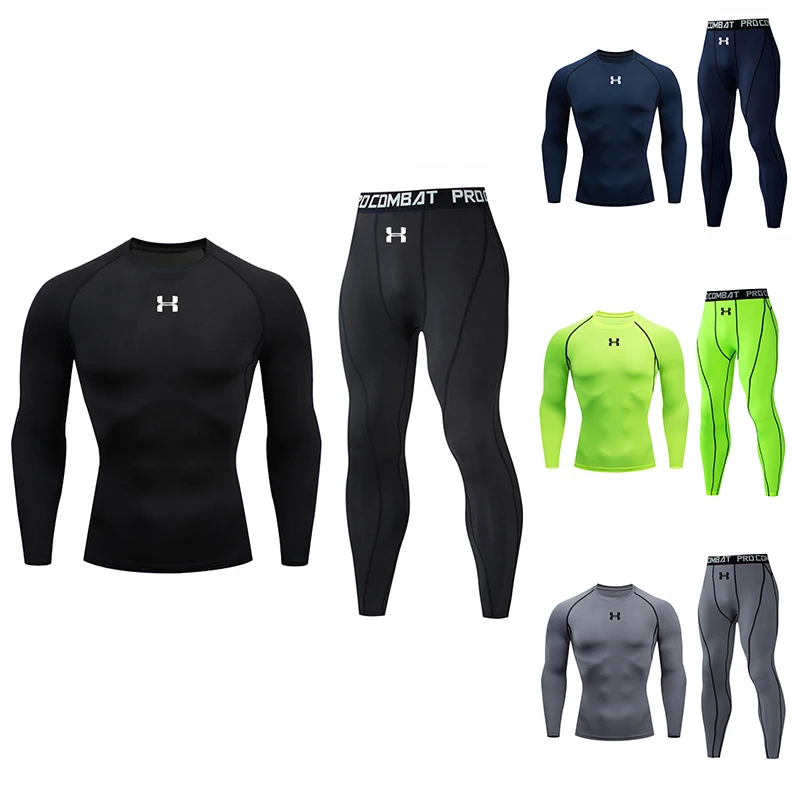 2pcs Men\'s Compression Sportswear Suit Gym Tight Yoga Sets Workout Jogging MMA Fitness Sports shirt+Pants Tracksuit Running Set