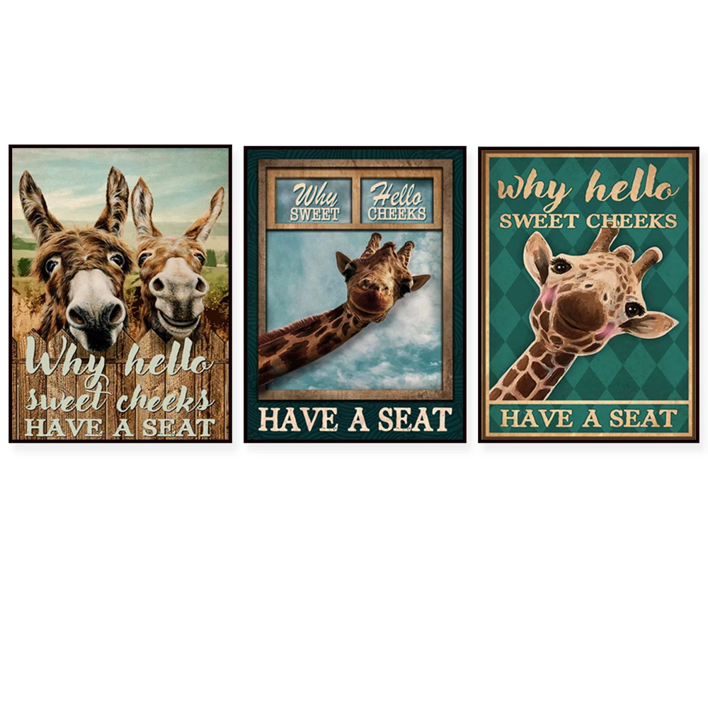 Giraffen-Poster – Esel-Poster – „Why Hello Sweet Cheeks Have Seats“, Retro-Giraffen-Wandkunst, interessante Badezimmerdekoration, Tier