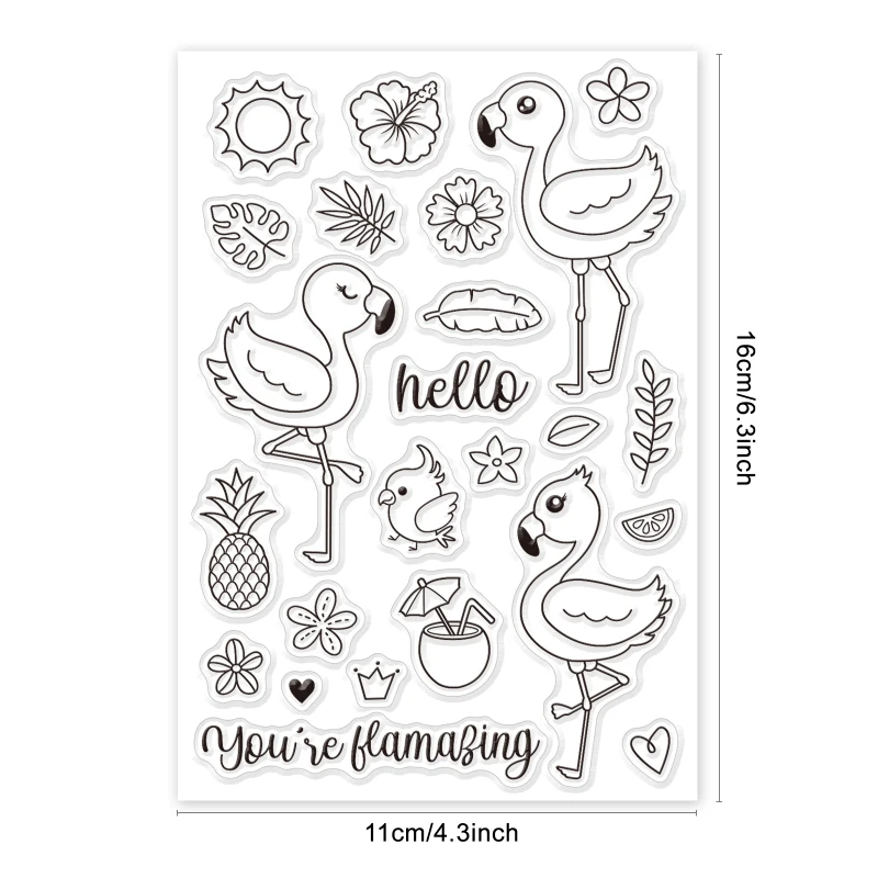 1Sheet Flamingos Silicone Clear Stamp Animal Tropical Plant Hibiscus Flowers Transparent Stamps for Holiday Greeting Cards