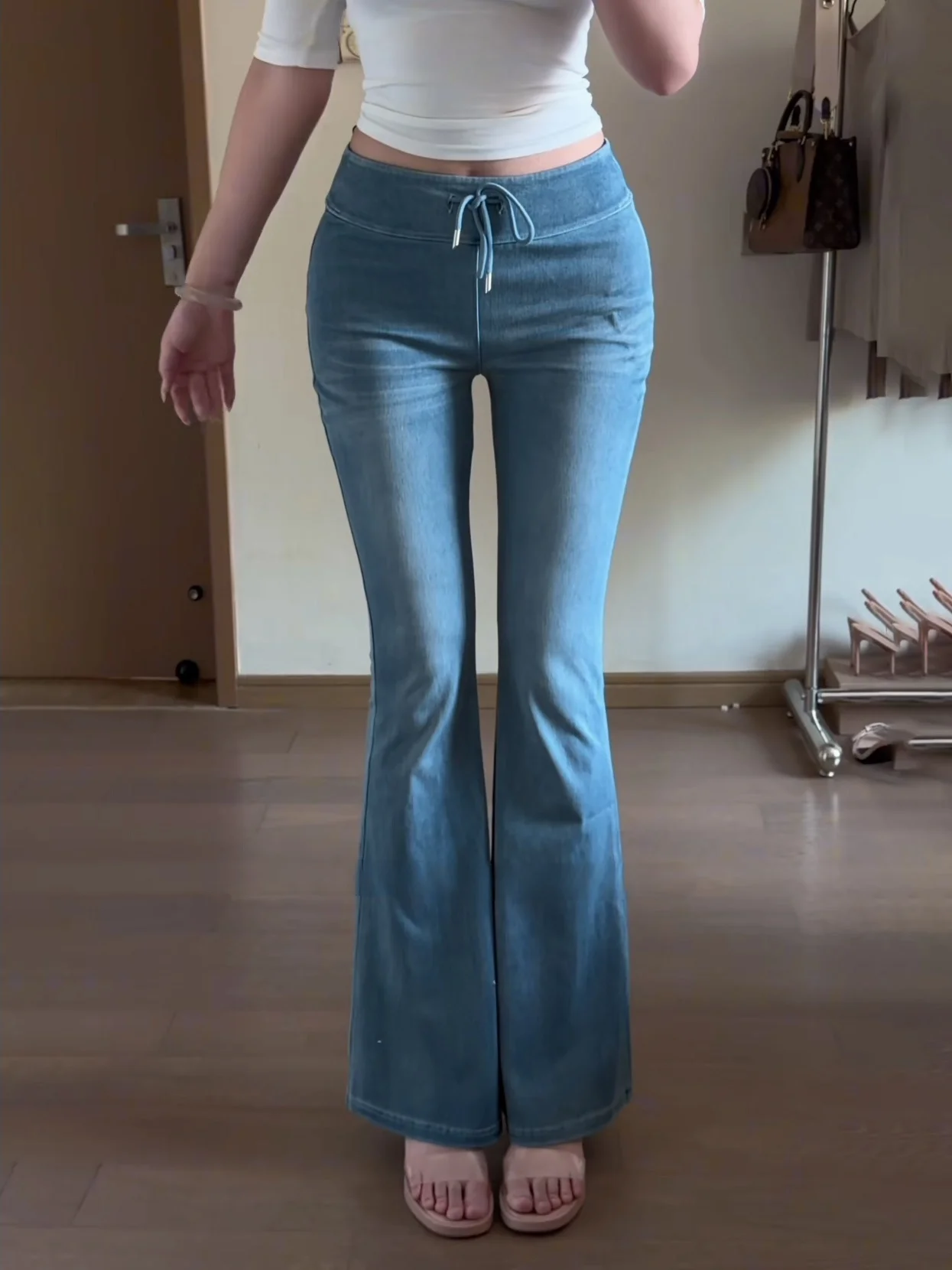 Summer Thin Casual Elastic Yoga Peach Butt Enhancing Flared Pants High Waist Pure Color Soft Fabric Medium Stretch Ladies Jeans