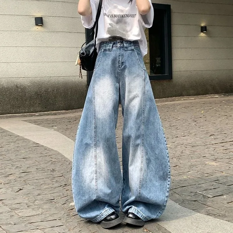 

2026 Spring Vintage Washed Sickle Jeans Women High Waist Loose Slim Wide Leg Denim Long Pants