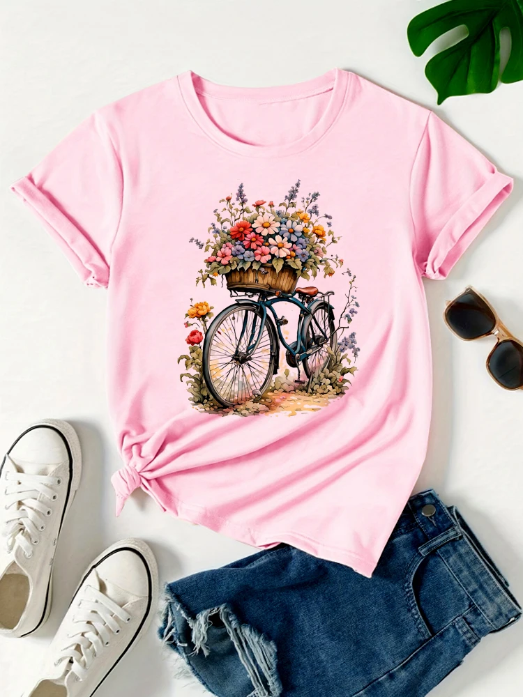 เสื้อยืดผู้หญิงแฟชั่นลายดอกไม้พิมพ์ลายจักรยาน เสื้อยืดแขนสั้นคอกลม เสื้อยืดลำลองสำหรับผู้หญิง เสื้อผ้าท็อปส์