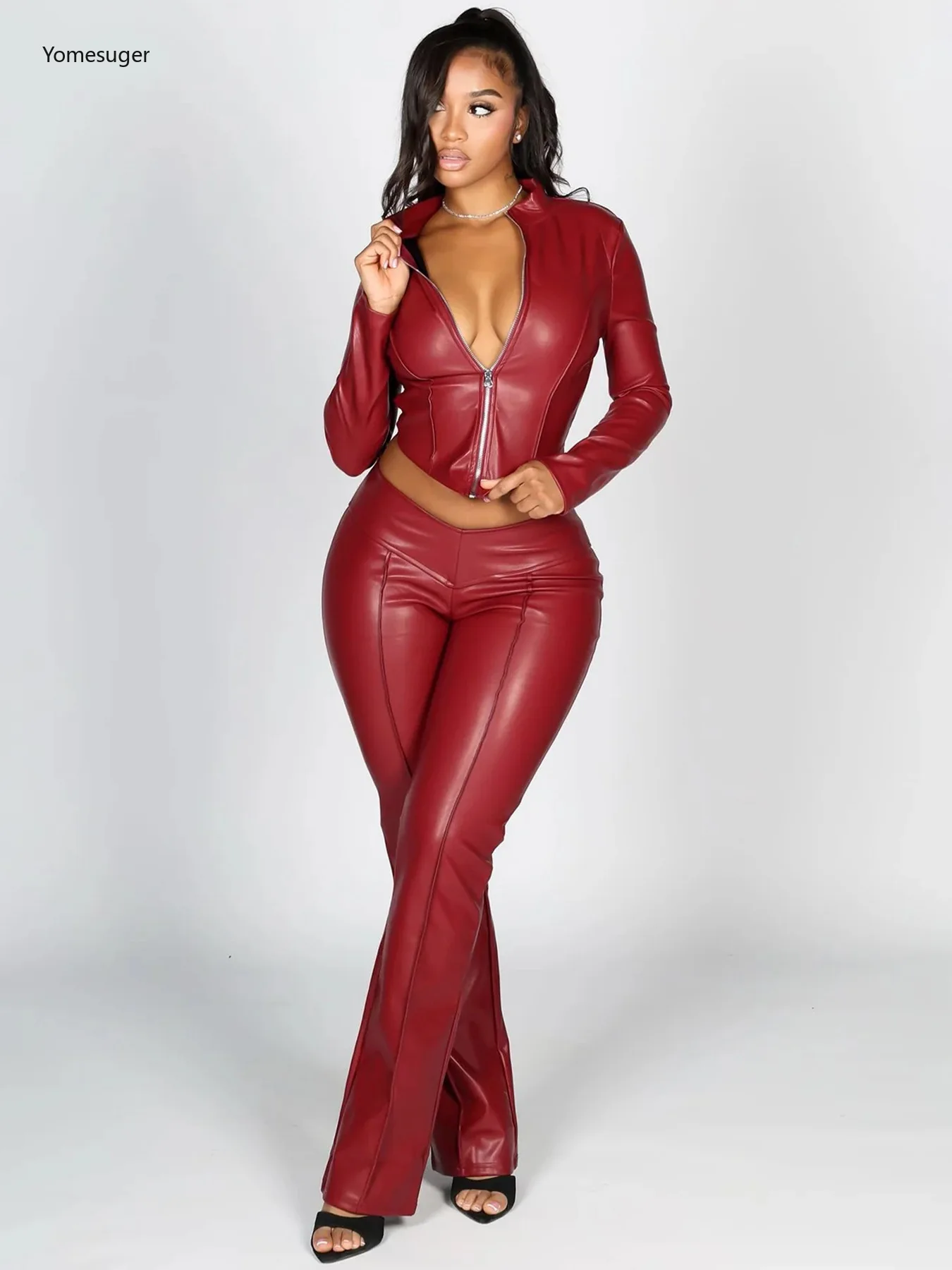 

Yomesuger Women Stretch Faux Leather 2 Piece Set Sexy Zip Full Sleeve Irregular Jacket and Flared Pants Matching Y2K Streetwear