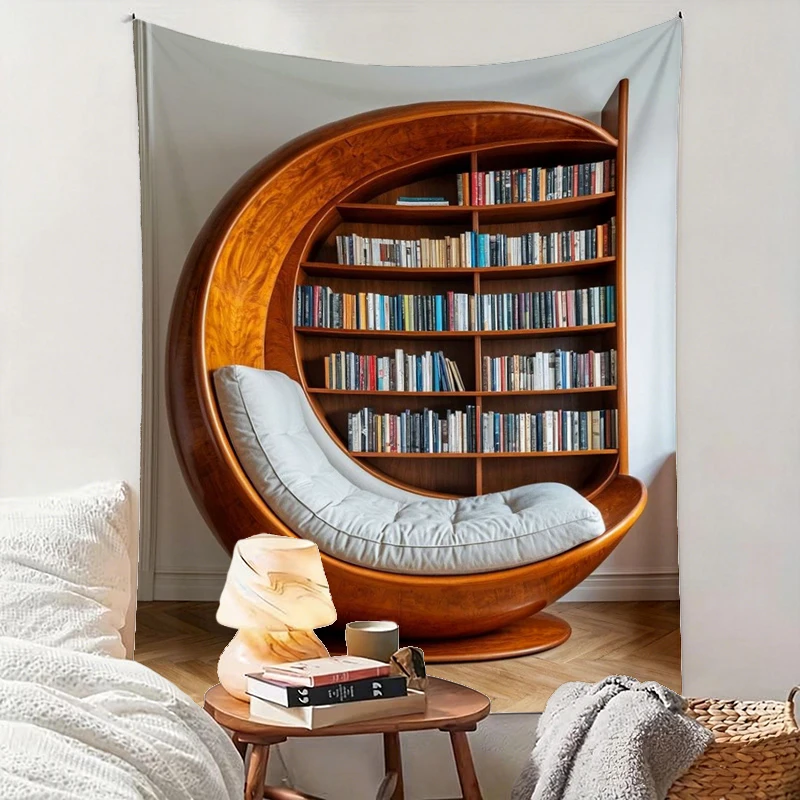 1PC Round Bookshelf Sofa Art Print Backdrop Banner, Bedroom Living Room Photo Background, Polyester, Home Decor, Wall Art