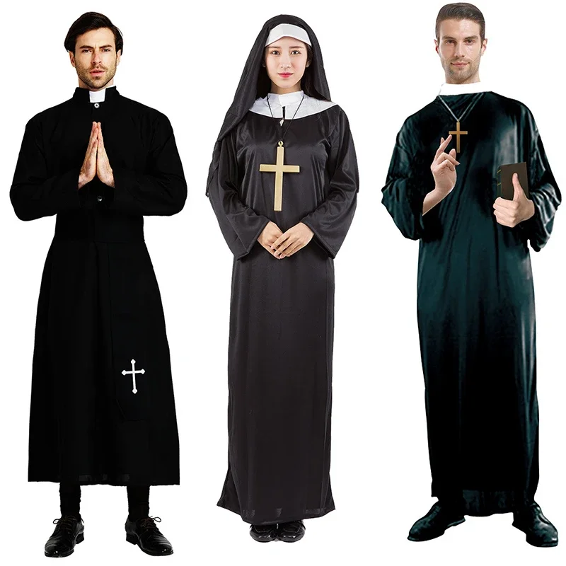 

Halloween Men Priest Cosplay Costumes For Women Clothes Carnival Nun Long Robes Religious Catholic Church Clothing Missionary