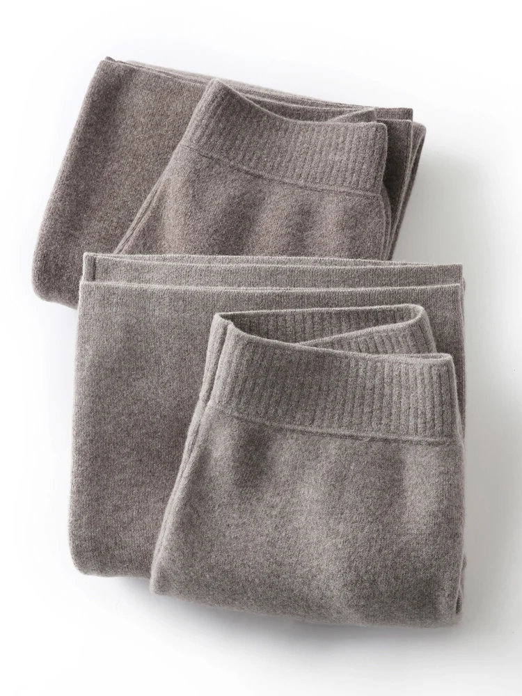 Новые шикарные женские трикотажные брюки из 100% мериносовой шерсти с широкими карманами, осень-зима, толстые повседневные стильные мягкие теплые элегантные вязаные брюки