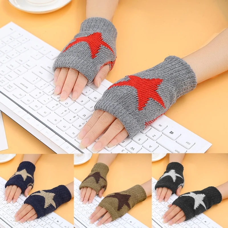 Knitted Gloves for Adult Touch Screen Mittens Male Female Winter Gloves with Pentagram Pattern Fingerless Gloves