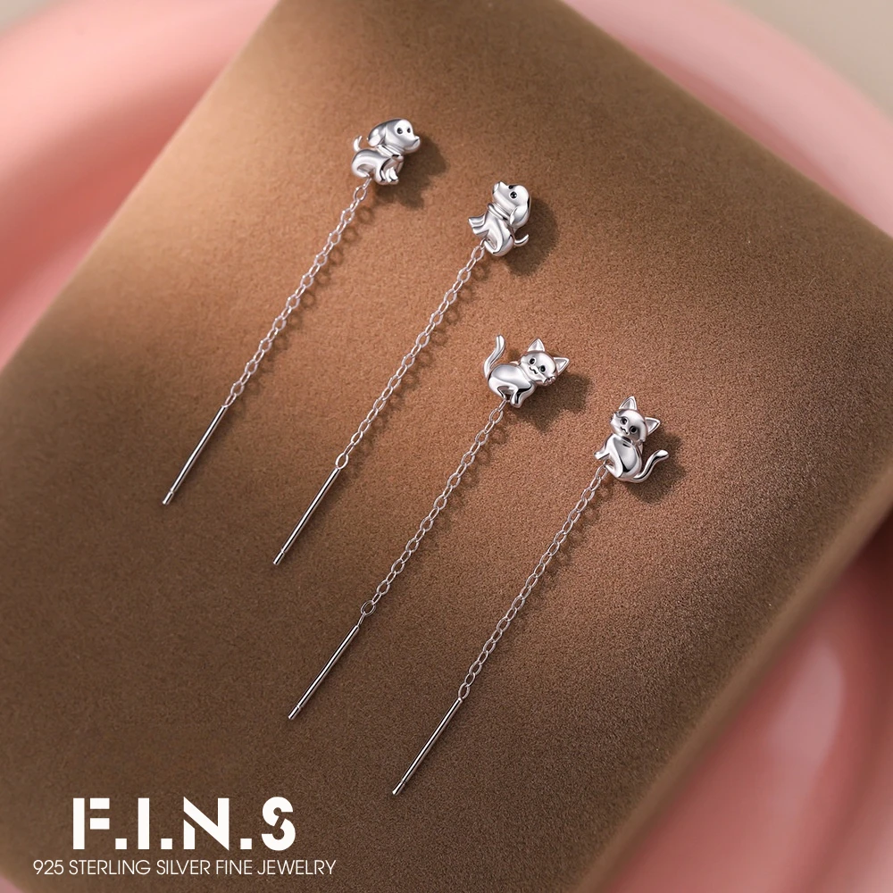 F.I.N.S 925 Sterling Silver Cute Cat Dog Drop Dangle Ear Threads Long Tassel Earrings for Women Animal Collection Fine Jewelry
