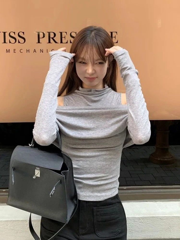 T-shirt manches longues col rond femme, Chic coréen, Patchwork, Sexy, épaules dénudées, bas, Y2K, mode épissage, faux t-shirts 2 pièces, automne