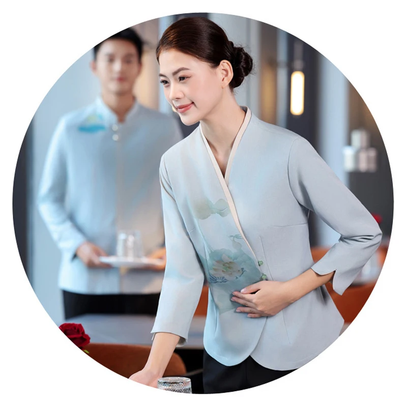 Chinese Style Printed Restaurant Waiter Uniform for Hotel Western Restaurant Banquet Spring Autumn Wear