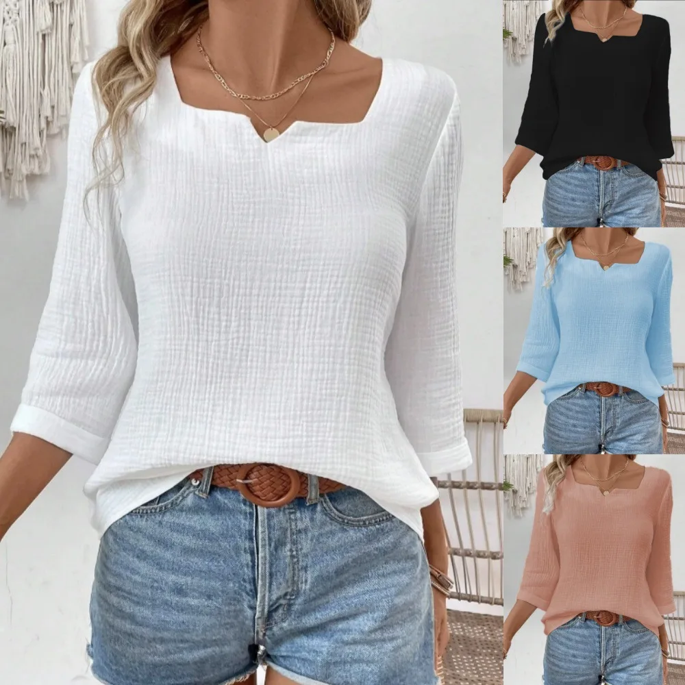 Women's Solid Color Long Sleeved V-neck Minimalist Top for Autumn 2024