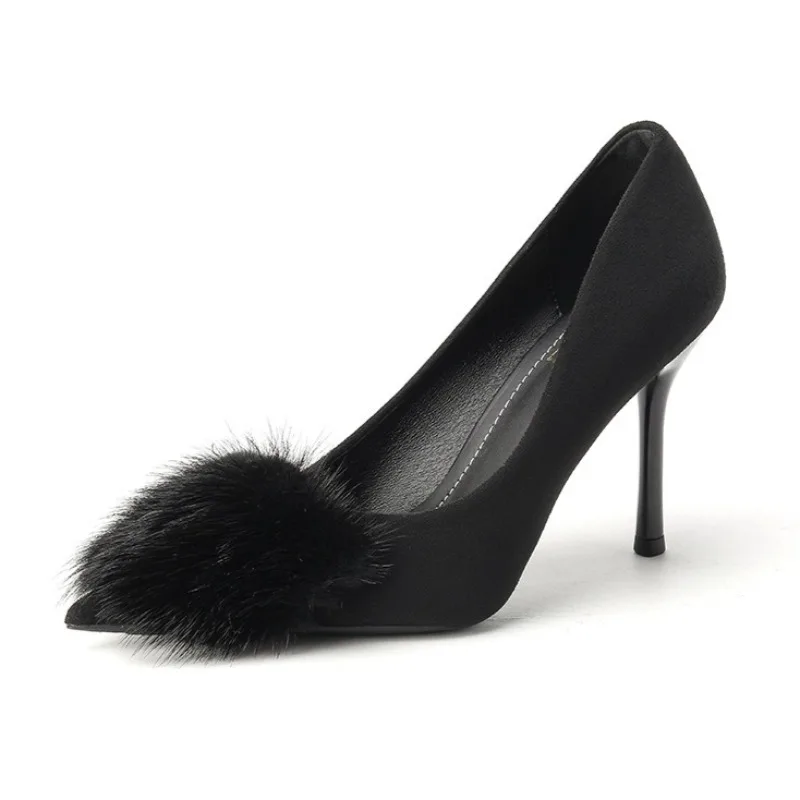 أسود شعري مزين مضخات النساء أنيقة أشار تو رقيقة صنادل عالية الكعب الفاخرة مأدبة أحذية مصممين Zapatos De Mujer #1