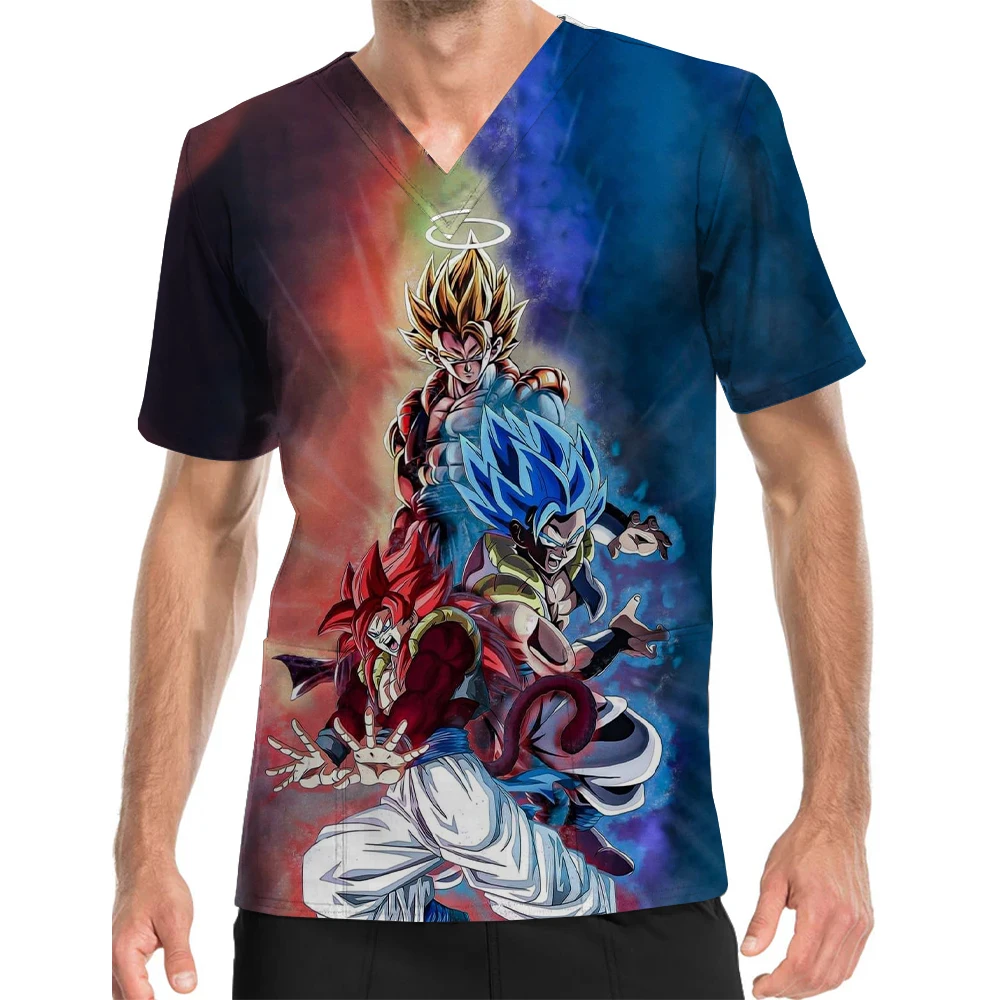 Men's Nurse Uniform V-Neck Print Scrub Top Work Clothes Dragon Ball Goku Print Work Uniform Men's Medical Care Pocket