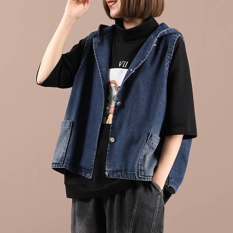 Spring Autumn Women\'s Vest Korean Loose Casual Print Hooded Waistcoat Pocket Sleeveless Denim Jacket Female