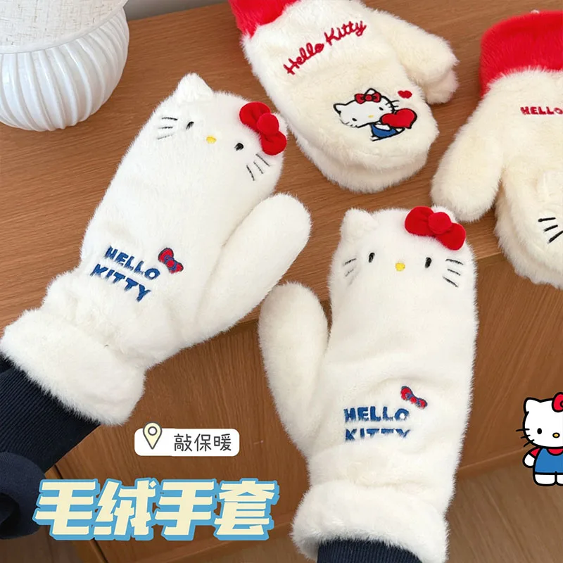 أنيمي أفخم قفازات سانريو مرحبا كيتي الكرتون قفازات دافئة للفتيات لطيف الوجه نصف اصبع قفازات Kawaii الفتيات قفازات سميكة