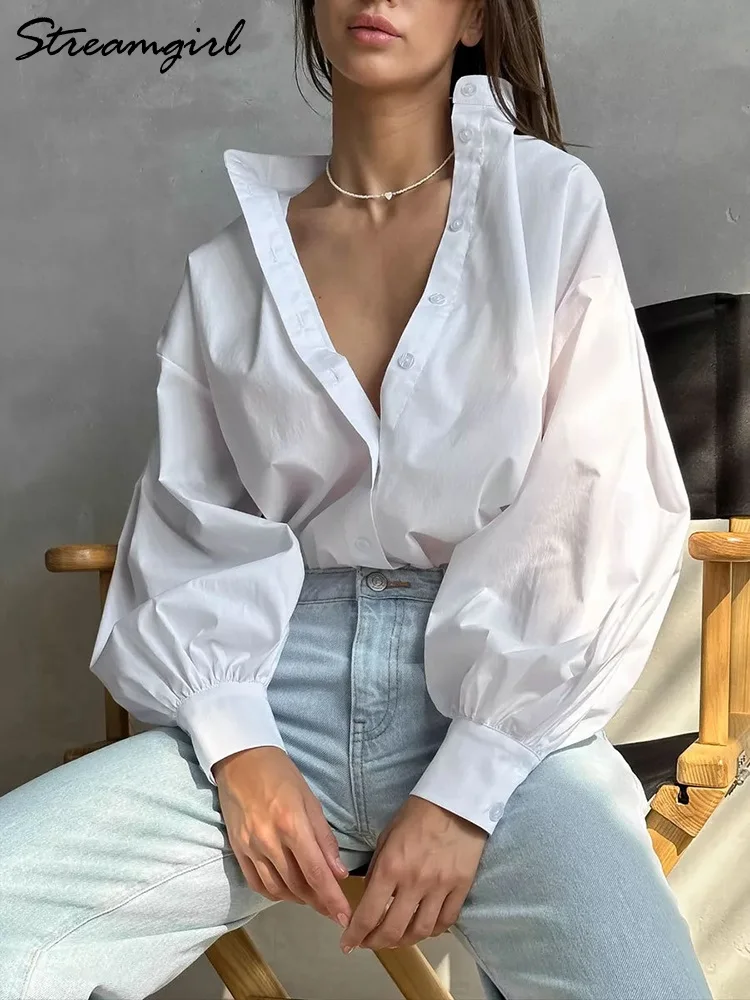 Women Lantern Sleeve Shirt White Summer 2024 Stand Collar Loose Tops For Women Casual Women\'s Summer Shirt Blouse Blue Oversized