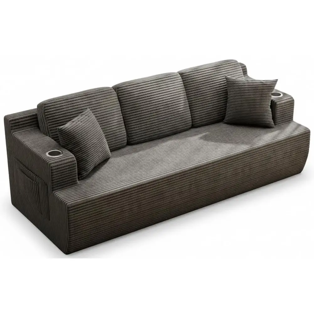 

87 Boneless Sofa Couch with 2 Pillows Extra Deep Seats, Corduroy Fabric 3 Seater Sofa for Living Room with Cup Holder amp Stora