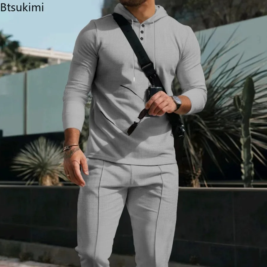 2025 New Men's Waffle Sets Spring Autumn Fashion Hoodies and Sweatpant Two Piece Sets Casual Outdoor Tracksuits Male Streetwear
