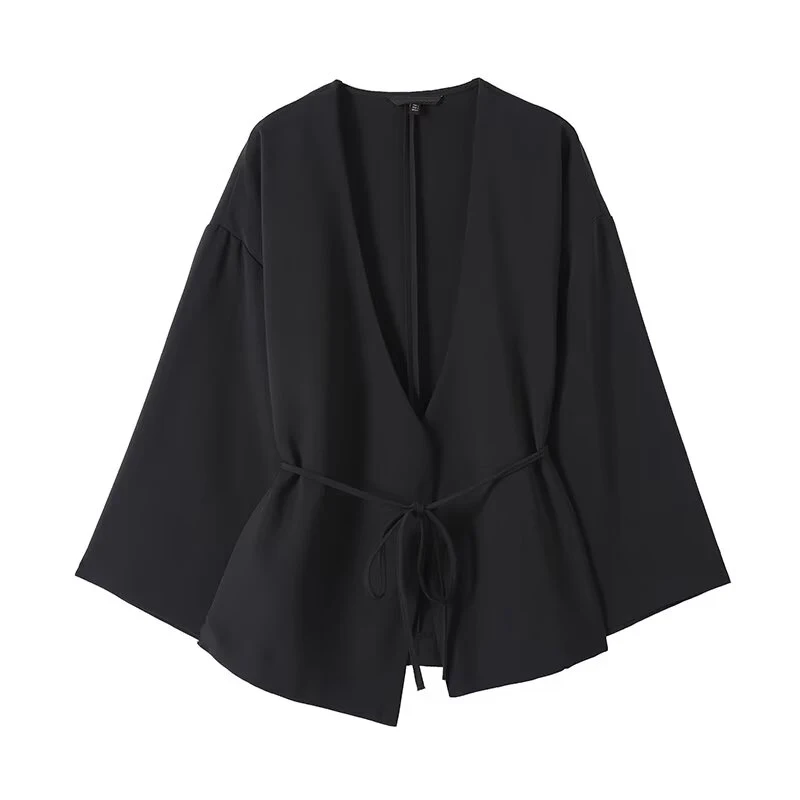 

YENKYE 2025 Women Lace Up Wrap High Street Black Shirt Long Sleeve Cross V Neck Autumn Kimono Tops
