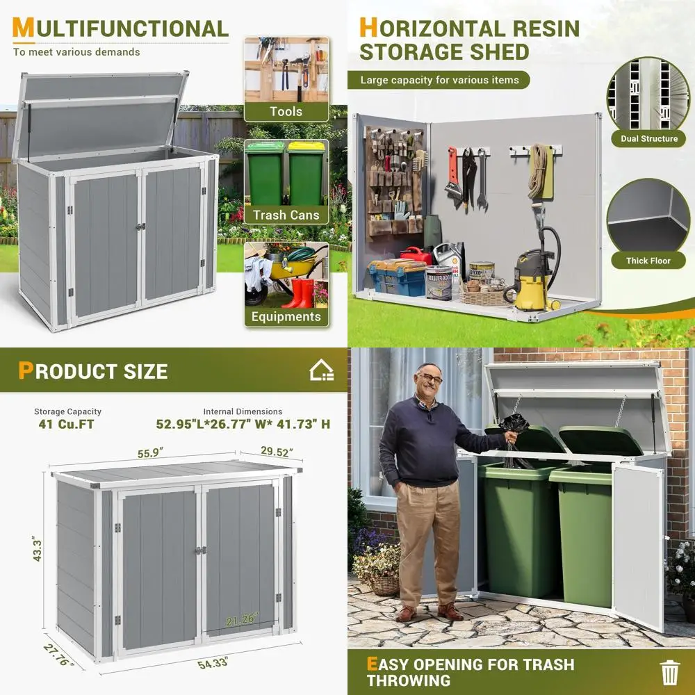 

41-футовый всепогодная пластиковая навеска для хранения на открытом воздухе с толстым полом, газовой пружиной и запирающейся дверью для газонокосилок и инструментов (4 шт.)