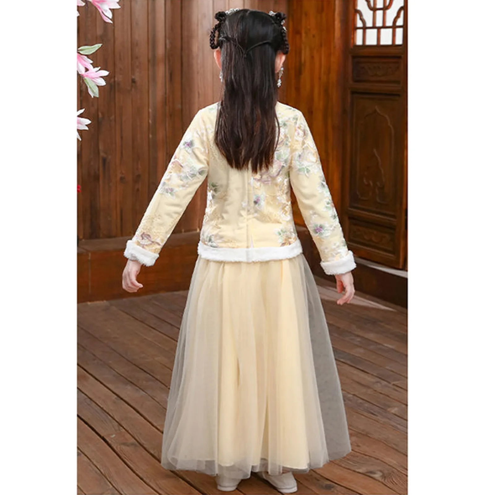 Chinese New Year Kids Dress Baby Girls Children Fairy Hanfu Fleece Lined Warm Embroidery Coat Jacket Tops+Princess Tulle Skirts image 5