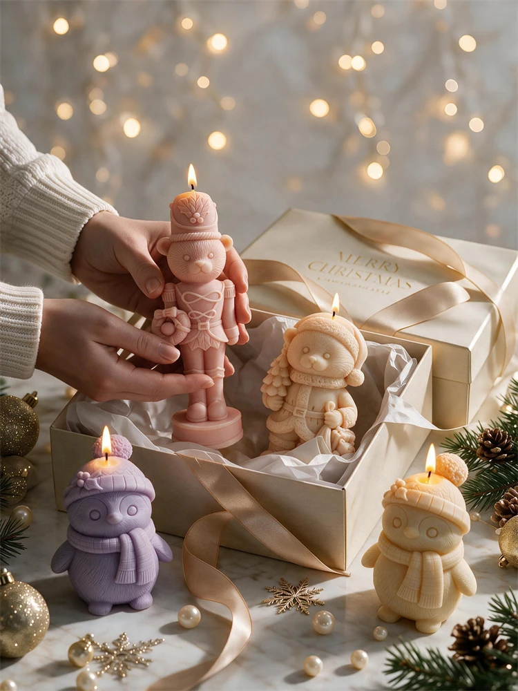 Weihnachtsbär mit Geschenk Silikon-Kerzenform Winter-Pinguin Sojawachs Silikonform Seife Harz Gips Beton Gießform
