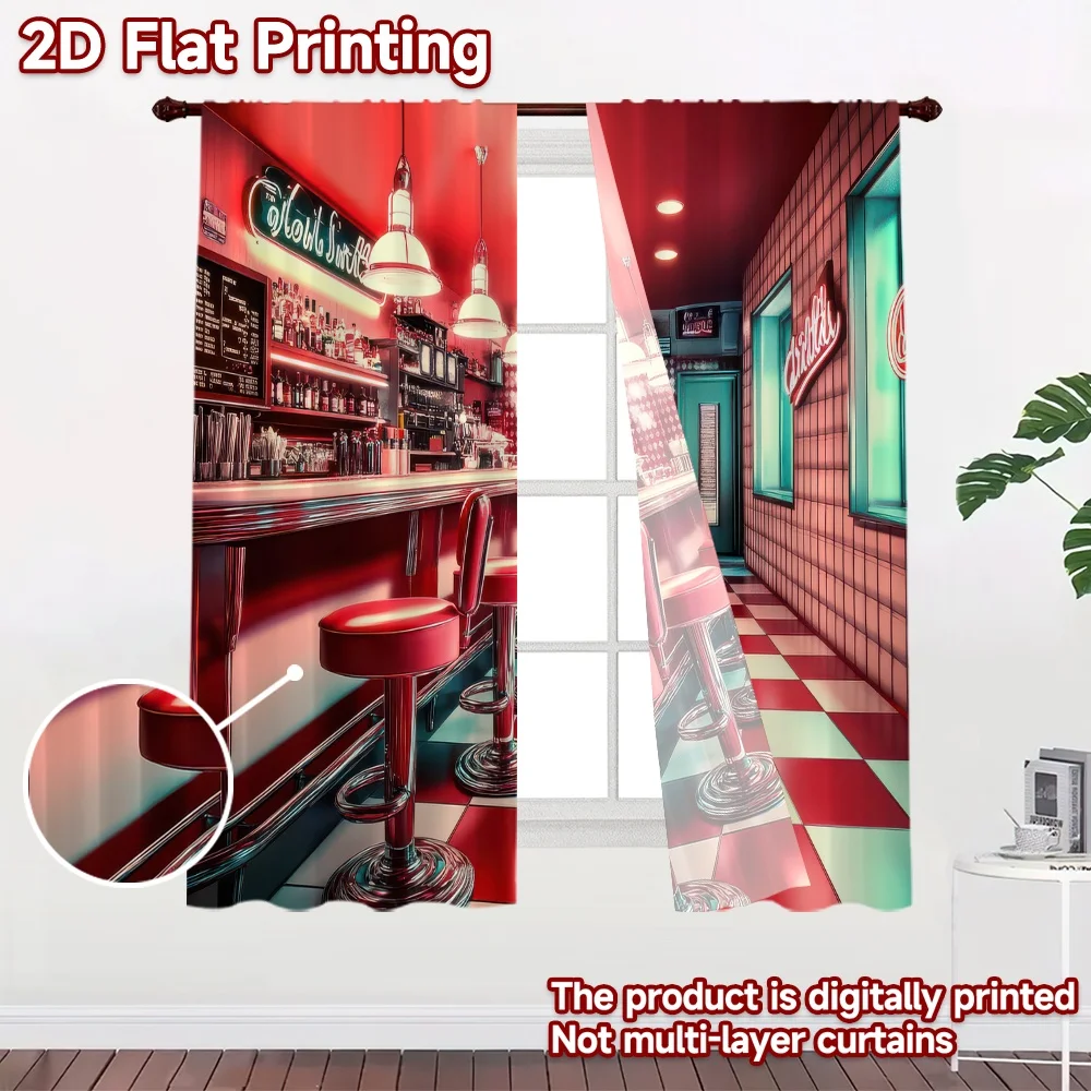 2D flat 2pcs Curtain Modern Minimalist Style Retro Diner Interior (2) Durable polyester fiber Family Party Decoration for Indoor