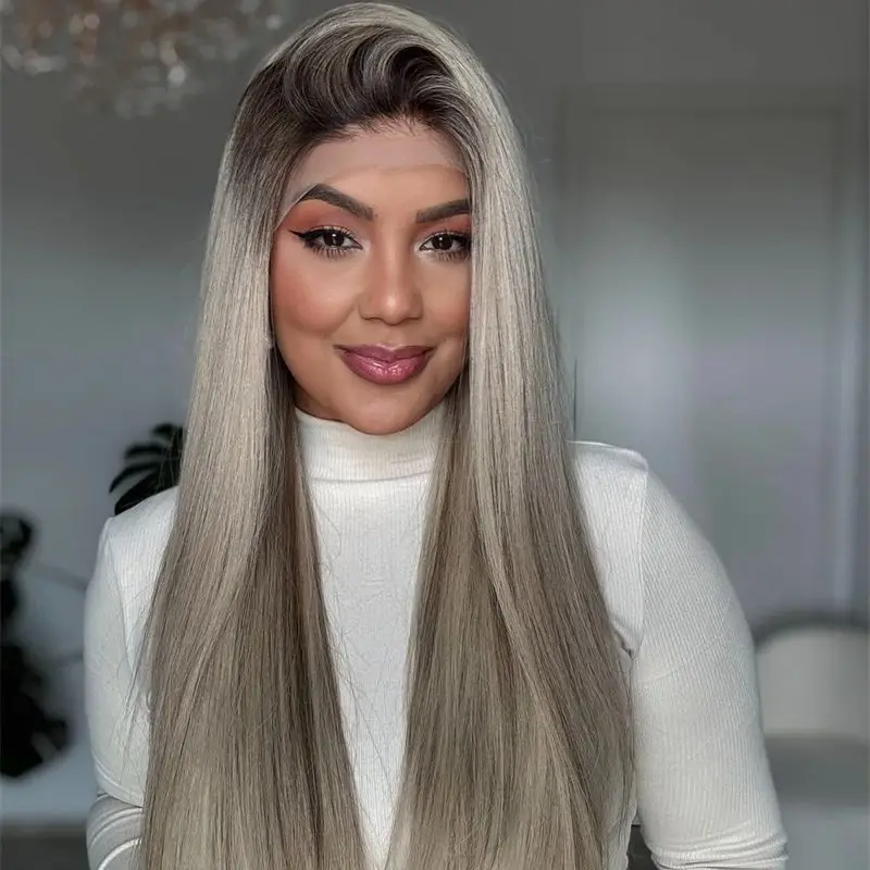 Ombre Platinblond mit braunen Streifen, Lace-Front-Perücke, hochwertige, leimlose, hitzebeständige synthetische Perücke, vorgezupfter Haaransatz