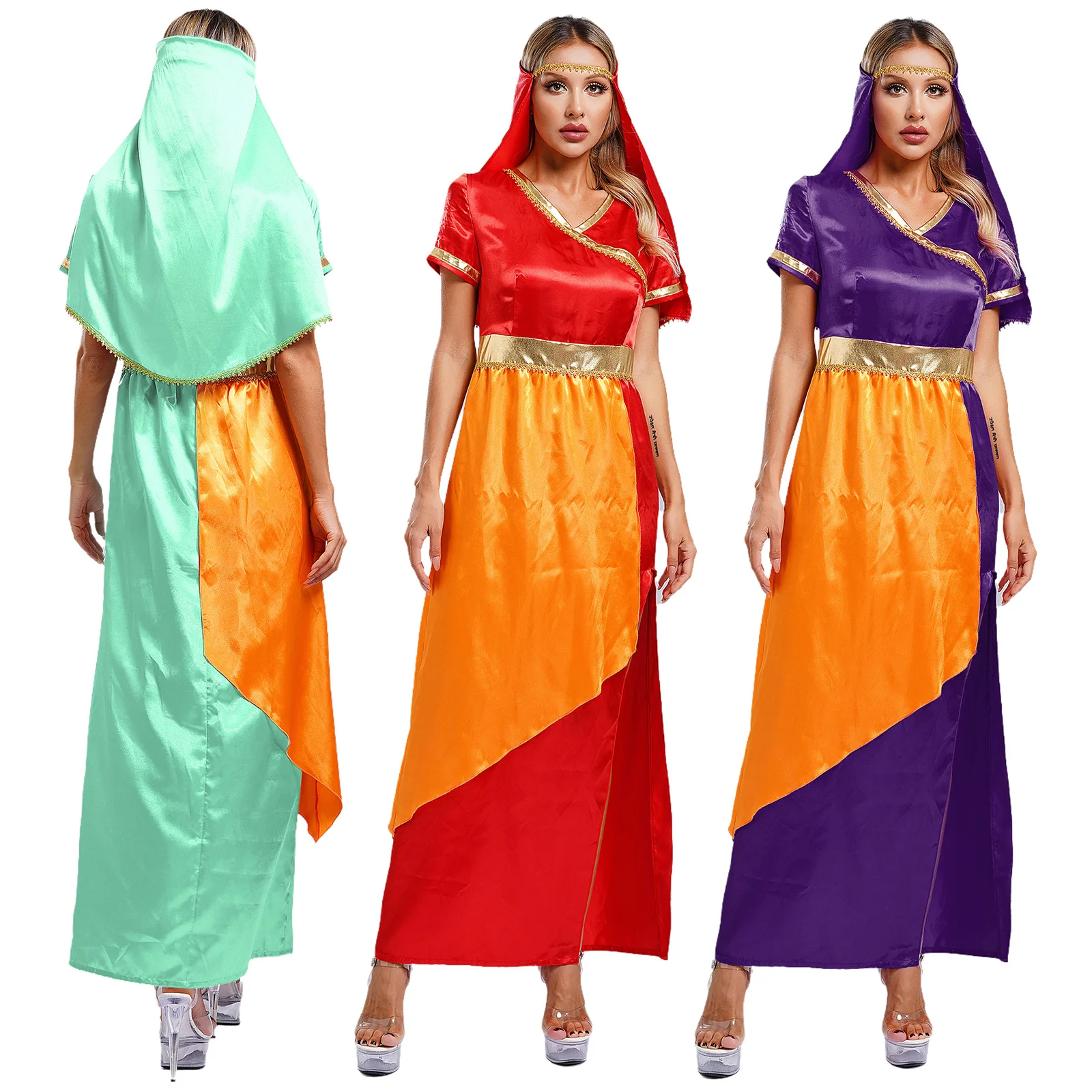 Costume de cosplay de princesse arabe pour femme, robe satinée fendue sur le côté, manches courtes, voile, vêtements de performance de danse arabe, Halloween