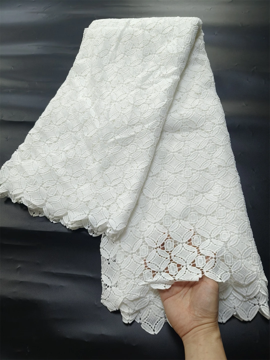 Tecido de renda cordão guipure para festa vestido de noite delicado branco, pele amigável, melhor qualidade, mais recente, U _ GE5318, 5 jardas, 2024